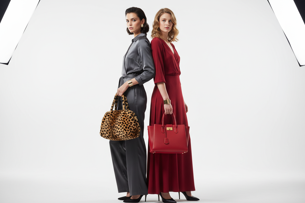 leopar çanta ve kırmızı çanta giyen 2 manken oluştur