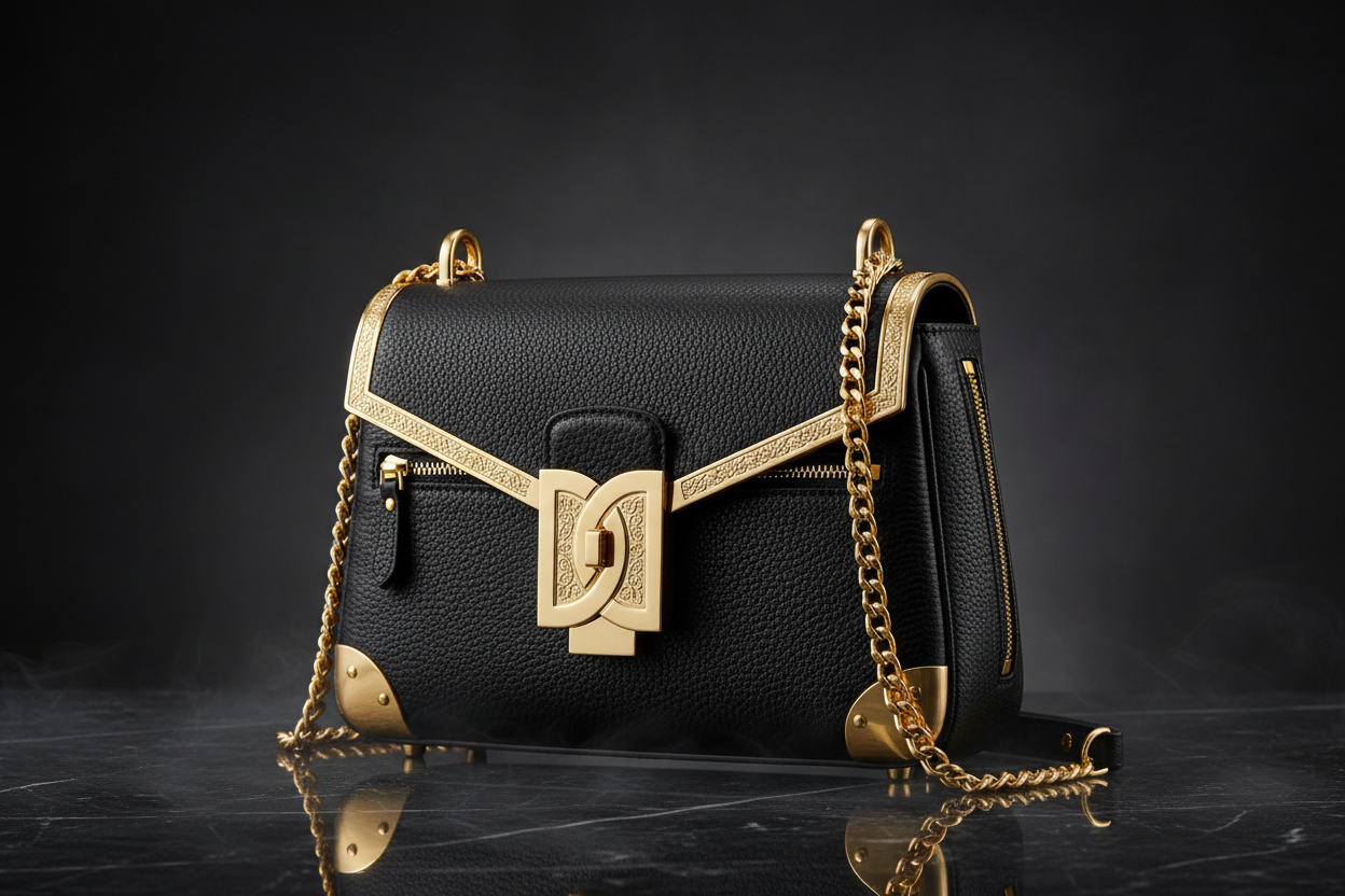 siyah ve altın renk kadın çantası resmi oluştur. arka plan da koyu olsun. çanta şık ve güzel olsun