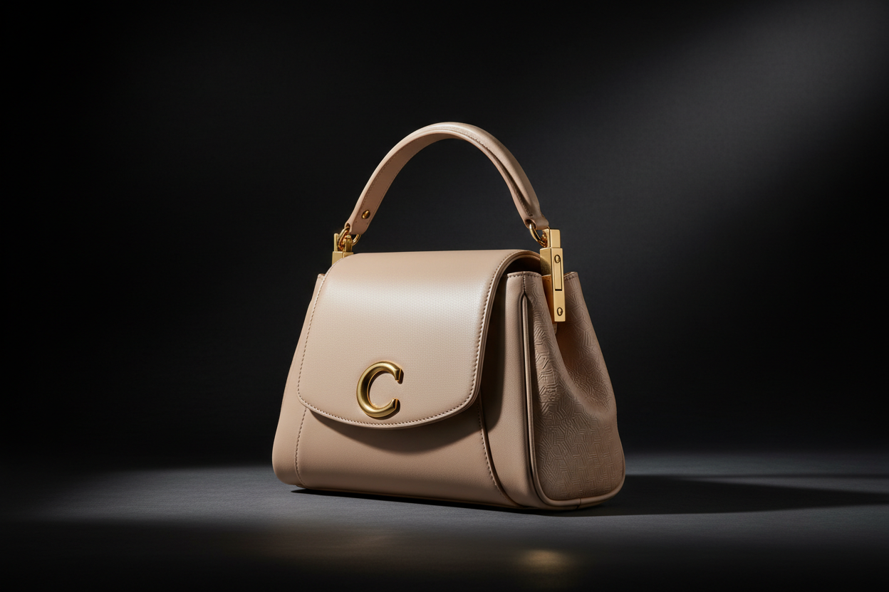 Ten rengi kadın çantası resmi istiyorum. arka plan koyu renkte olacak. şık ve dikkat çekici yap