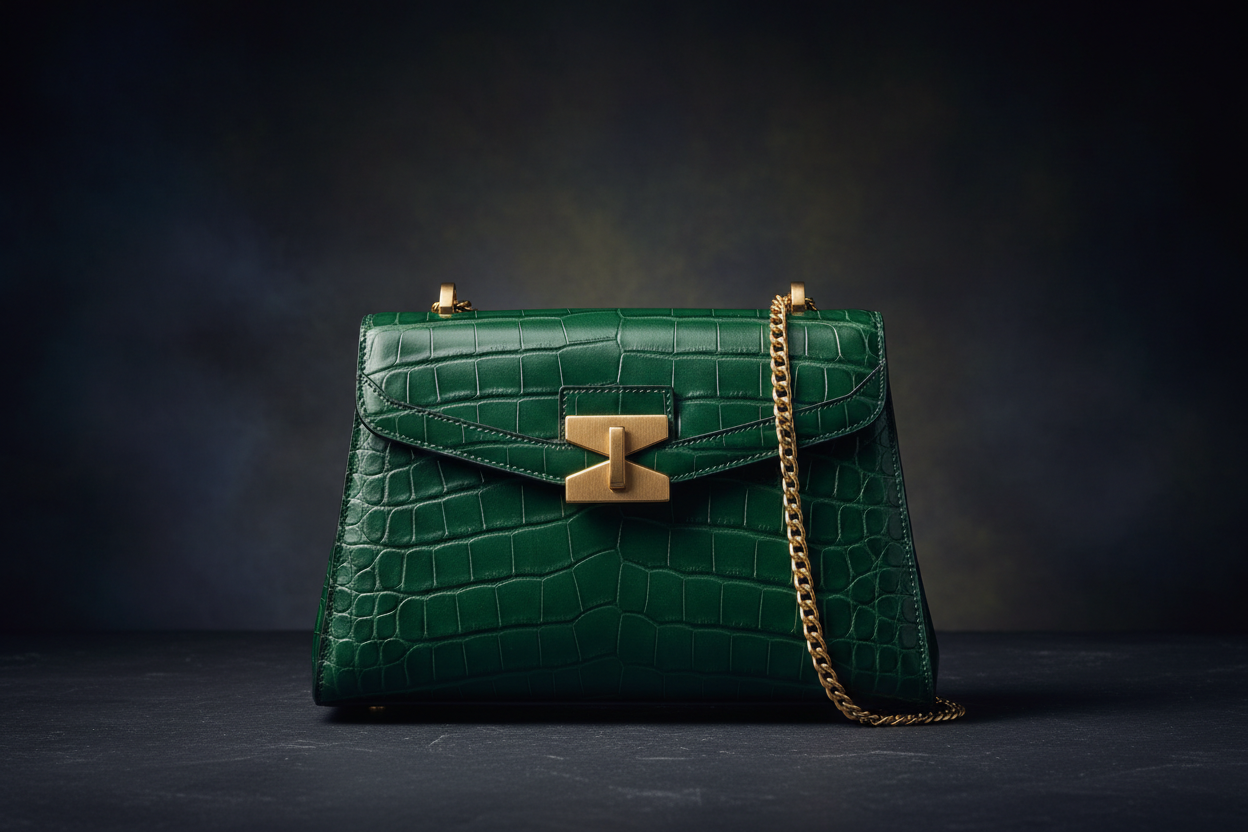 Yeşil Renk kadın çantası resmi oluştur. koyu arka plan olacak. çanta şık ve güzel olsun